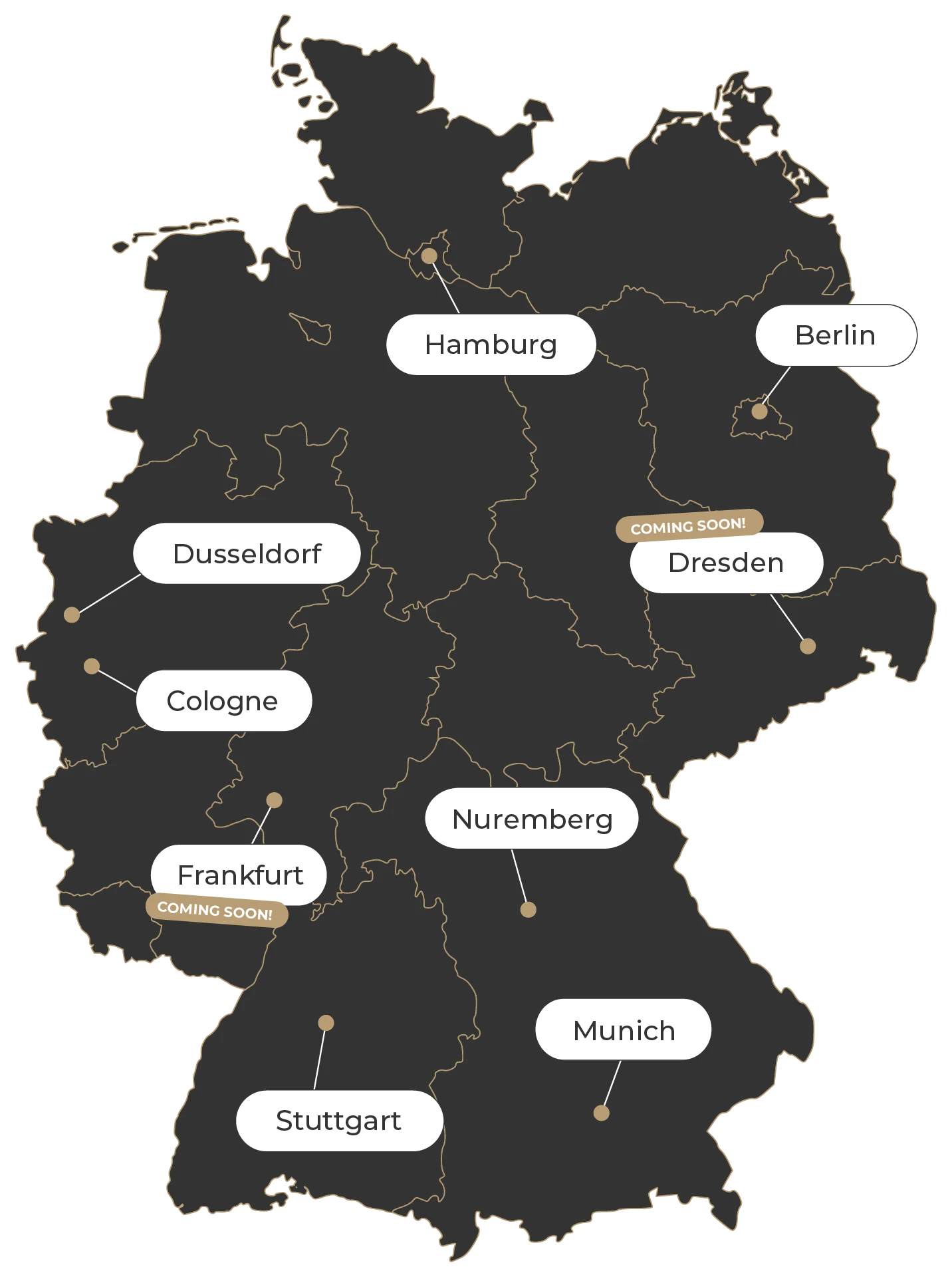 Mapa Niemiec z lokalizacjami Trisor w Hamburgu, Berlinie, Düsseldorfie, Kolonii, Frankfurcie, Norymberdze, Dreźnie, Stuttgarcie i Monachium – Frankfurt i Drezno oznaczone jako Coming Soon