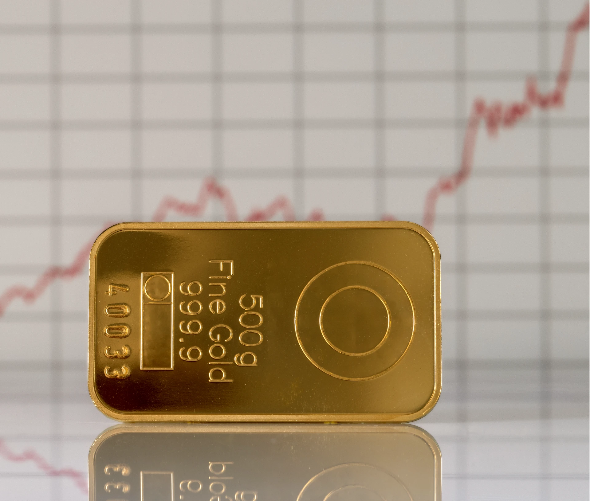 Goldbarren (500 g, Feingold 999,9) vor einem steigenden Kurschart
